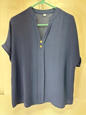 Relaxed Navy Short-Sleeve Split-Neck Button Front Blouse 3543
